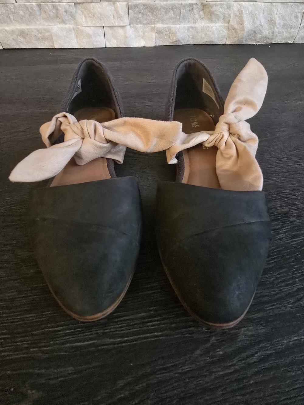 Toms Black Suede Flats with Blush Tie Detail Size 8.5